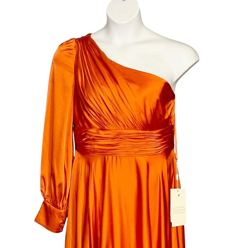 NEW Mac Duggal Ieena One Shoulder Bishop Sleeve Gown Spice Orange Pockets Sz 12 - Picture 5 of 14
